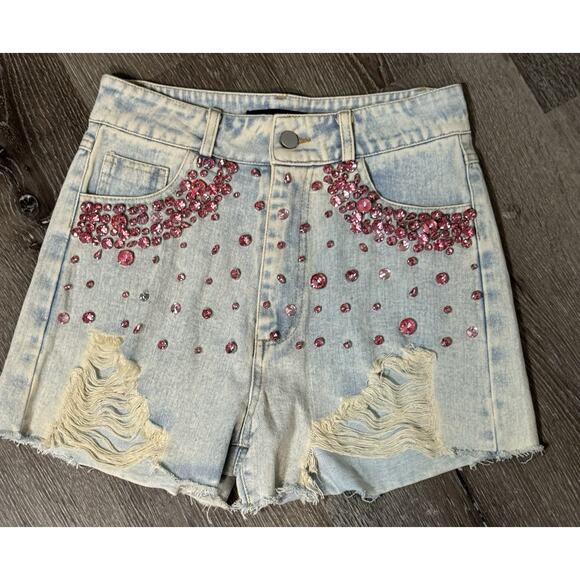 Blue B Collection Light Wash Cut Off Jean Shorts With Pink Rhinestone Detail, S - Picture 1 of 6